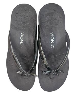 VIONIC Bella Sandal Black Patent Leather Bow Orthaheel Comfort Slip-on Thong 9